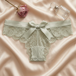 Tangas de encaje floral para mujer al por mayor, con lazo decorativo, color liso, transparentes, lencería sexy para mujer, bragas de talle bajo con diseño hueco tipo G-string - Product Image 2