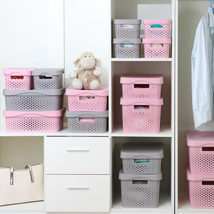 Storage <b>Baskets</b> Plastic Rectangle <b>Stackable</b> Pink And Gray PP Material For Kitchen Bathroom Tabletop Storage - Product Image 2