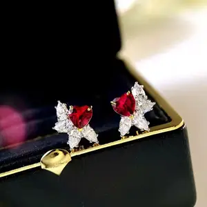 Aimgal fine jewelry S925 silver plated 18k gold lab Ruby heart Luxury Earrings Pear shaped white diamond