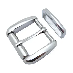 European Western Nickel-Free Shiny Silver Plated Polished Roller Belt Buckle Loop Set Zinc Pin Bucker Customizable Logo Strap