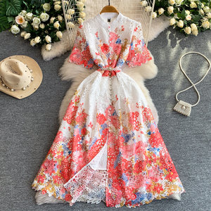 <span class=keywords><strong>Robe</strong></span> <span class=keywords><strong>longue</strong></span> élégante à col montant imprimé floral en dentelle, style vintage rétro français, pour femme, avec fente et taille ajustée - Product Image 1