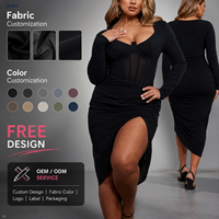 Robe midi décontractée noire pour femme, personnalisée, sexy, de soirée, en Spandex, Polyester et Chiffon, à col carré, manches longues, style corset, avec maille transparente et fente haute