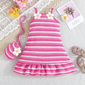 Robe à bretelles rayée pour filles, décorée de fleurs, à volants, pour l'été, tenue décontractée quotidienne - Product Image 1