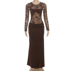 YY6053 Abito da <span class=keywords><strong>donna</strong></span> autunnale 2026 a maniche lunghe in pizzo marrone, elegante, ecologico, traspirante, tinto in capo, in tessuto - Product Image 5