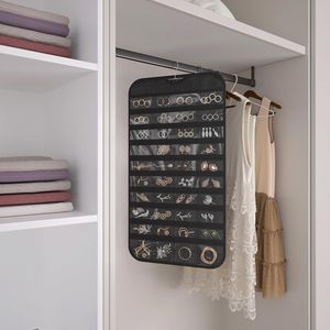 Hanging Jewelry Organizer 80-Pocket Double-Sided <b>Black</b> Foldable Clear PVC Storage For Earring Bangle Bracelet Necklace - Product Image 3