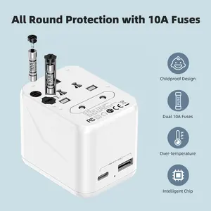 Adaptador de enchufe internacional Worldplug CE/FCC adaptador de corriente de cargador de viaje universal con USB y Tipo C