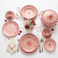 Assiettes en céramique imprimées de roses roses modernes, service de vaisselle en porcelaine de luxe à bord festonné, assiettes de dîner pour traiteur, mariage, hôtel
