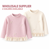 T-shirt côtelé à manches longues pour filles, avec nœud personnalisé, appliqué en dentelle et ourlet à volants, pour tout-petits et enfants, fournisseur en gros OEM ODM