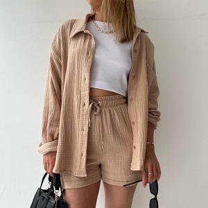Vêtements <span class=keywords><strong>de</strong></span> nuit décontractés Ensemble deux pièces Pyjamas pour femmes Col rabattu Hauts <span class=keywords><strong>de</strong></span> nuit Costumes avec short Cardigan en <span class=keywords><strong>gaze</strong></span> Homewear Été - Product Image 6