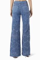 Celana Jeans Wanita High Waist Model Wide Leg Flare, Bordir 3D Laser Cut, Bahan Bernapas, Motif Bunga, Kasual, Dapat Dicuci, Warna Solid, Distressed