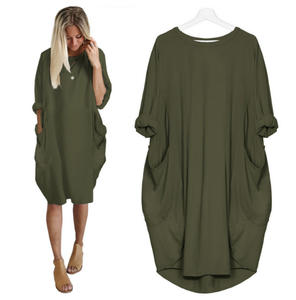 I-0405 <b>Women</b> Casual <b>Dress</b> Pocket Loose Sleeve Irregular <b>Dress</b> Ladies Crew Neck Casual Long Tops <b>Dress</b> Plus Size - Product Image 1