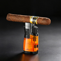 Briquet torche multifonctionnel coupe-vent à triple flamme pour cigares avec réservoir de carburant transparent, réglage de la flamme et support de cigare avec perforateur