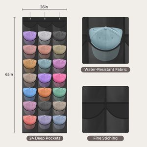 Organisateur de chapeaux à suspendre sur la porte, 24 poches, support de rangement transparent pour casquettes de baseball, fixation murale avec 3 crochets, noir - Product Image 3