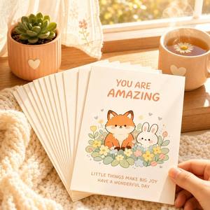 Juego de Tarjetas de Felicitación Personalizadas con Sobres, Diseño Kawaii de Zorro, Conejo, Gatito y Arcoíris, Ilustraciones de Animales Lindos, Papelería - Product Image 4