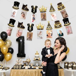 Striscione Fotografico Nero e Oro per il 1° Compleanno di Mr. ONEderful, Tema Gentiluomo, Espositore per Foto di 12 Mesi con Papillon e Cappelli a Cilindro - Product Image 5