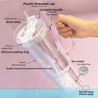 Transparante koude dranken-/fruitsapbeker met plat deksel, dubbelwandig, auto-afsluitbaar, lekvrij, plastic beker met rietje en plat deksel