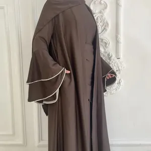 2024 Ramadan Eid Dubai Turkish Elegant Modest Women Muslim Dress Abaya Trumpet Ruffled Sleeve Kaftan Satin Abaya 3 Piece Set