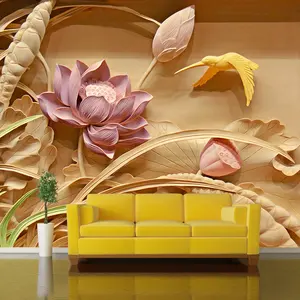 Custom 3D תמונה טפט עץ גילוף לוטוס פרח גדול ציורי קיר ציור סלון ספת טלוויזיה רקע Papel דה פארדה 3D