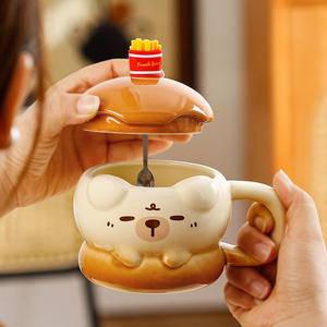Small Animal Burger Cup with Lid with Spoon Cartoon Drink Cup with Handle Dust Proof Ceramic Couple Cup - Product Image 4