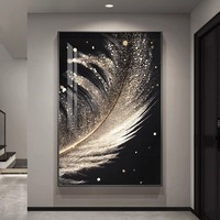 Peinture murale abstraite moderne de luxe léger sur le thème des plumes pour entrée et salon avec cadre métallique