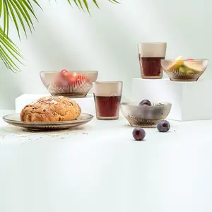 New Exquisite Glass Cup And Bowl Salad Bowl And Dish 6 Set Household Tableware Glass Soda Lime Brown Glass Tan Gift Set