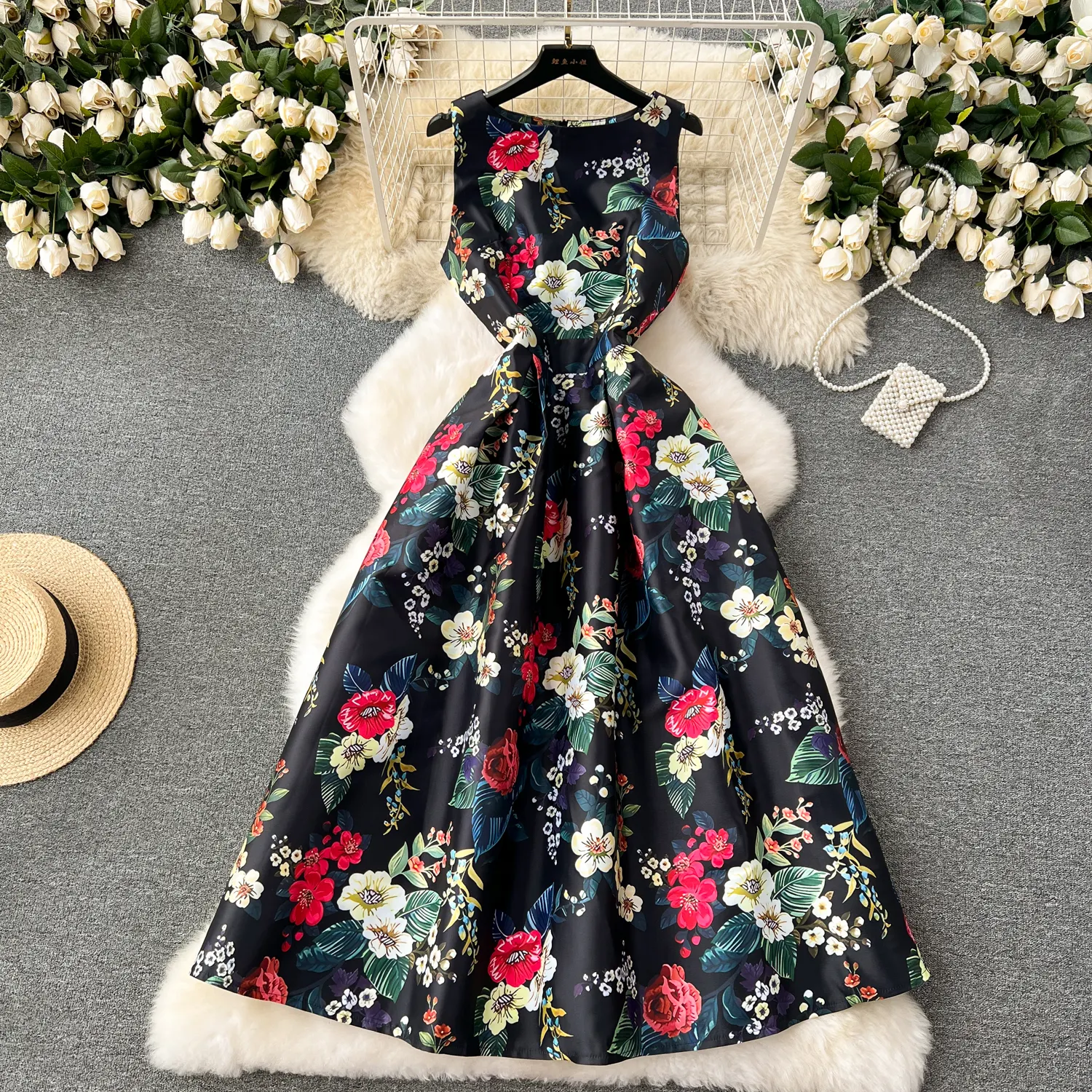 LE2226卸売宮殿スタイル花柄プリントドレス女性ミディラージスイングAラインベストドレス女性ホリデーパーティーイブニングドレス