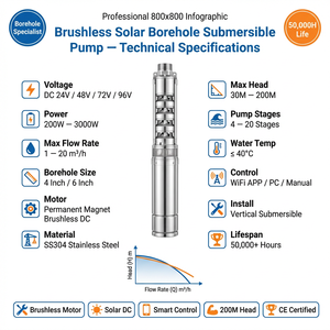 Pompe à eau submersible solaire sans balais 2 CV pour puits foré, multistage, 60 Hz, personnalisable OEM, 4 pouces pour forage - Product Image 3