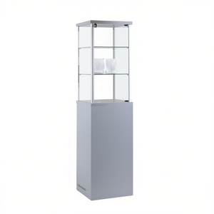 Modern Display Cabinet 45x45x175cm <b>Light</b> Grey Aluminum Frame Tempered Glass <b>Hinged</b> Lockable Door Adjustable Shelves - Product Image 2