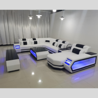 Ensemble Canapé Sectionnel Fonctionnel en Cuir Véritable avec LED pour Maison et Salon