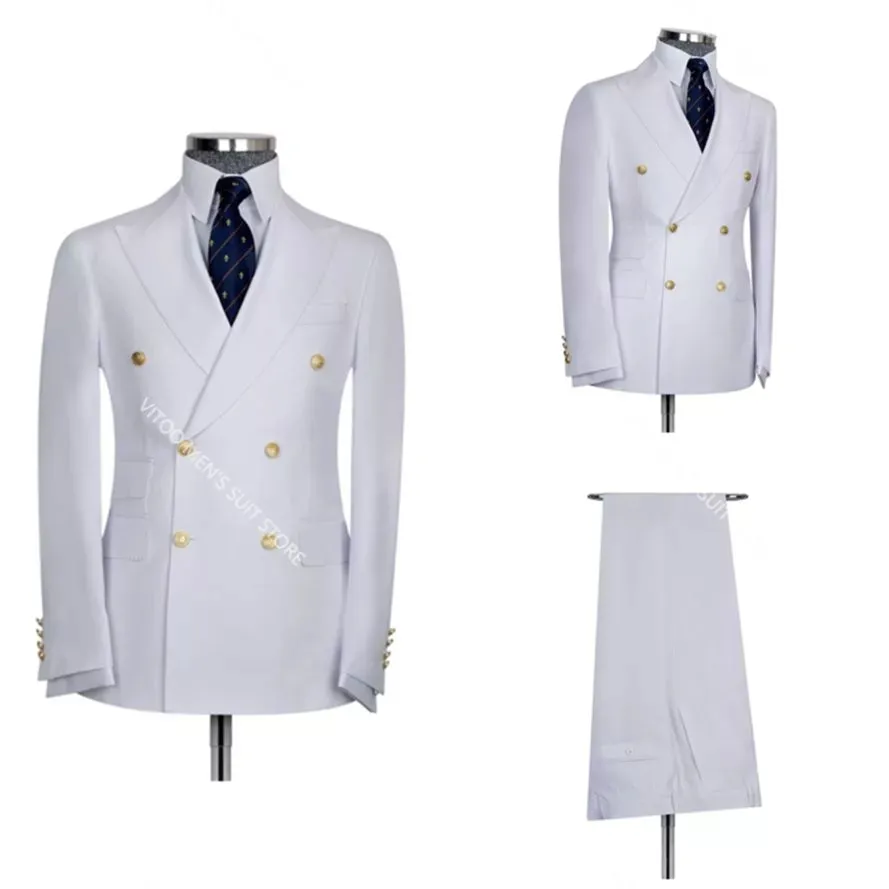 Classic White Solid Color Men Suits Peaked Lapel Blazer Custom Made Double Breasted Party Prom Coat Tuxedos/Wedding Male Sets
