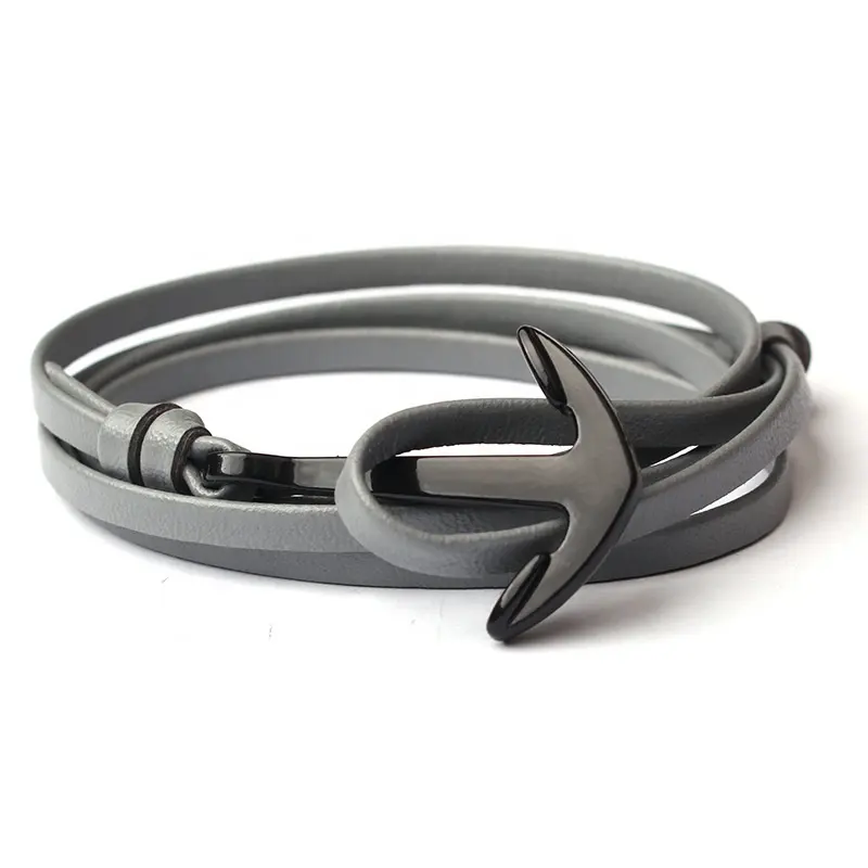 New Design Silver Anchor Handmade Fashion Leather Men Bracelet with Private Label
