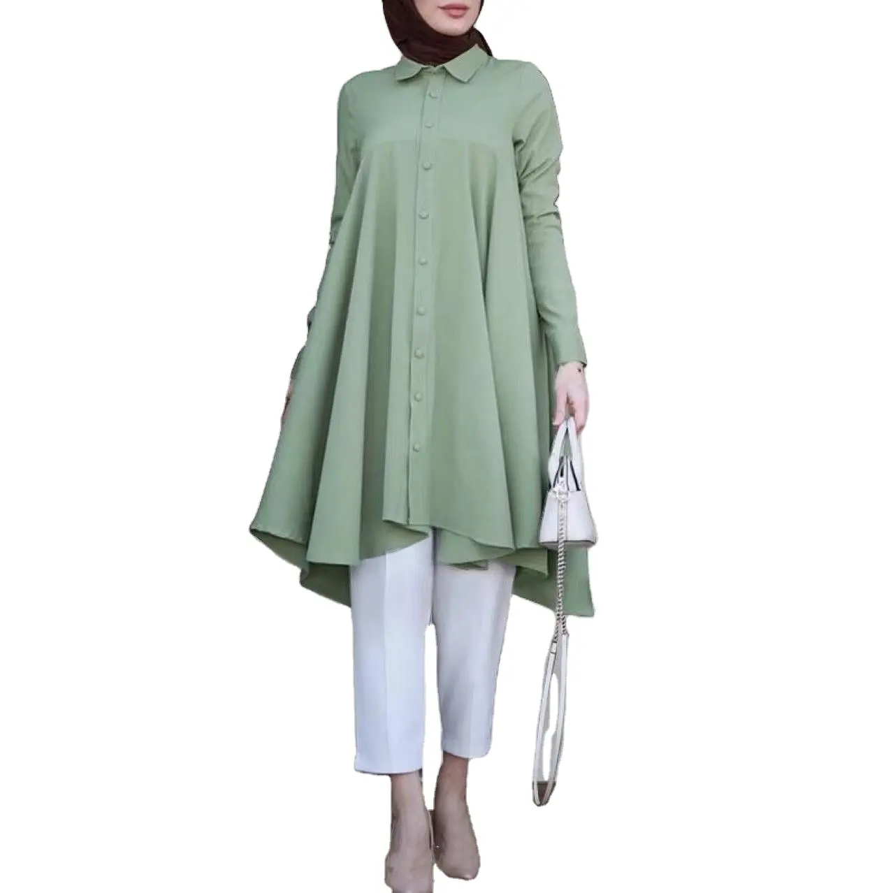 Middle East Muslim women's lapel button long sleeve irregular casual loose dress shirt skirt tunic