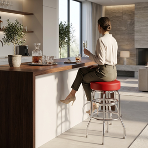 כיסא בר מסתובב רטרו 300 פאונד קיבולת עומס בסיס כרום PVC מושב מרופד מעור כיסא דלפק תעשייתי לבית בר - Product Image 2