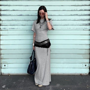 Robe longue à col rond, manches chauve-souris, taille cintrée, coupe ample, couleur unie, minimaliste, décontractée, élégante - Product Image 5