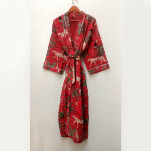 Kimono en coton à imprimé floral, col en V, broderie à la main, manches 3/4, réversible et imperméable, ceinture à nouer à la taille et deux poches avant - Product Image 1