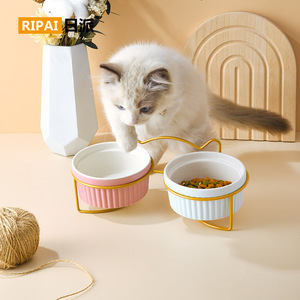 Gamelle surélevée double Ripai pour chat, support pour nourriture et eau, couleurs blanc, rose, or - Product Image 3