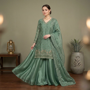 Ensemble Sharara de luxe en organza de soie vert sauge, Kurti brodé à col en V, Sharara évasée et Dupatta, pour mariage indien/pakistanais - Product Image 1