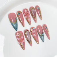 Vente en gros de faux ongles faits à la main, press-on, avec fleurs roses en relief 3D, réutilisables, longs, forme stiletto, ongles artificiels
