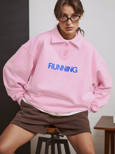<b>Pink</b> Women's Oversized <b>Sweatshirt</b> With Running Print Button Up Collar Long Sleeve Casual Autumn Wear - Product Image 1