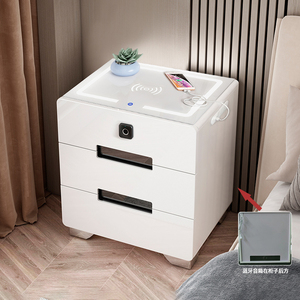 Table de chevet intelligente de luxe moderne blanc noir gris bois avec lumière led haut-parleurs chargeur empreinte digitale <span class=keywords><strong>3</strong></span> <span class=keywords><strong>tiroirs</strong></span> meubles de chambre - Product Image 3