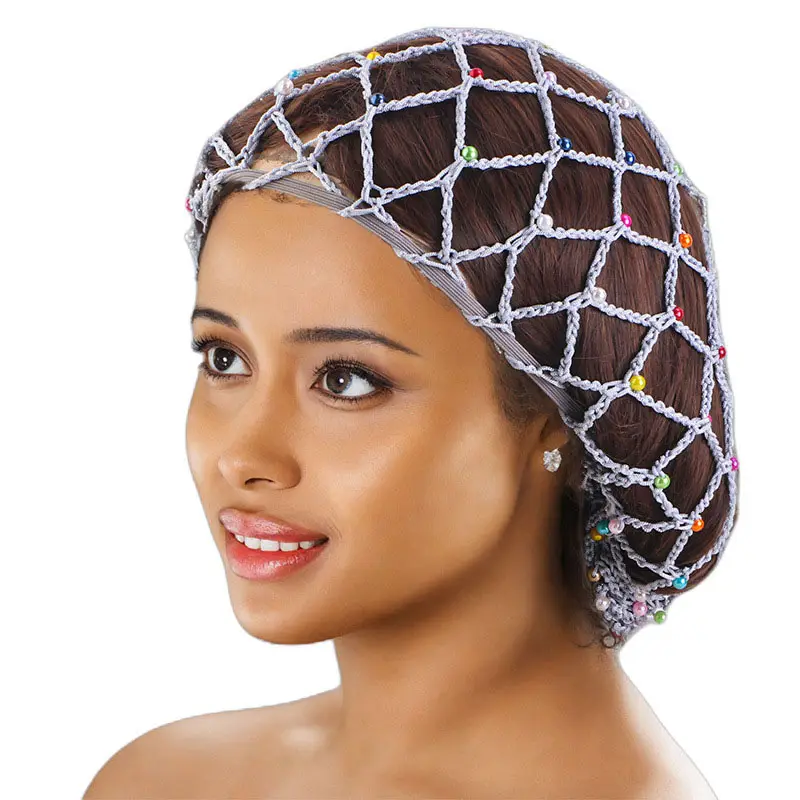 HZM-24149 сетчатая сетка для волос из искусственного шкуры с разноцветными бусинами, вязаная шапка для женщин, для укладки волос