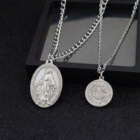 Acier Inoxydable Oxydé Jésus Christ et Sainte Marie Concue Sans Pêche Médaillon Ovale Duo Pendentif Collier pour Hommes Bijoux