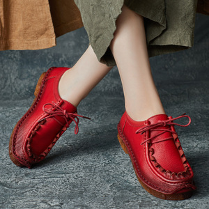 Nouvelles Chaussures Décontractées pour Femmes, Style Ethnique Rétro, en Cuir de Vachette Fait Main, à Semelle Souple, à Lacets, Bouche Profonde, Modèle Paresseux - Product Image 4
