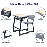 Ensemble bureau et chaise de classe avec base en acier bleu marine et panier de rangement pour l'école, la maison ou la salle d'étude