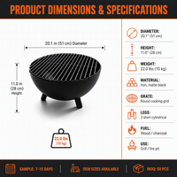 Brasero rond extérieur à bois avec grille de cuisson pour jardin, patio, camping et barbecue