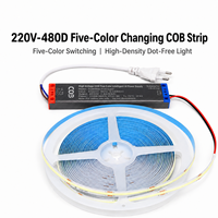 Bande lumineuse LED COB à cinq couleurs AC220V 480D, haute densité, sans points, flexible, avec prise et driver, pour une utilisation domestique et commerciale