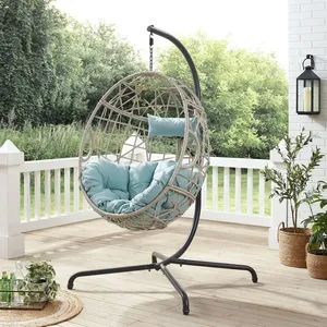Patio osier oeuf suspendu chaise, extérieur en rotin hamac balançoire chaise avec support et coussin pour balcon jardin, bleu - Product Image 4