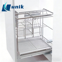 Panier coulissant de cuisine multifonctionnel en métal chromé à fil rond avec rangement à épices à trois niveaux, taille personnalisable