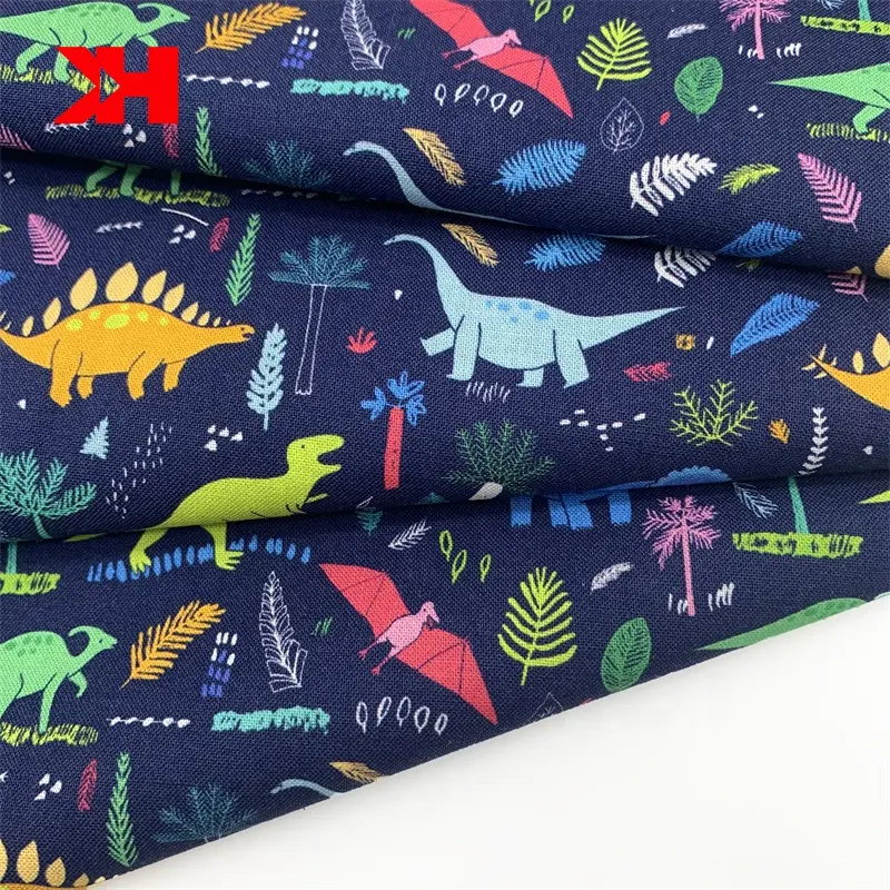 Kahn cute pattern low MOQ 145gsm dinosaur print accept custom raw 100 organic cotton fabrics for clothing textile