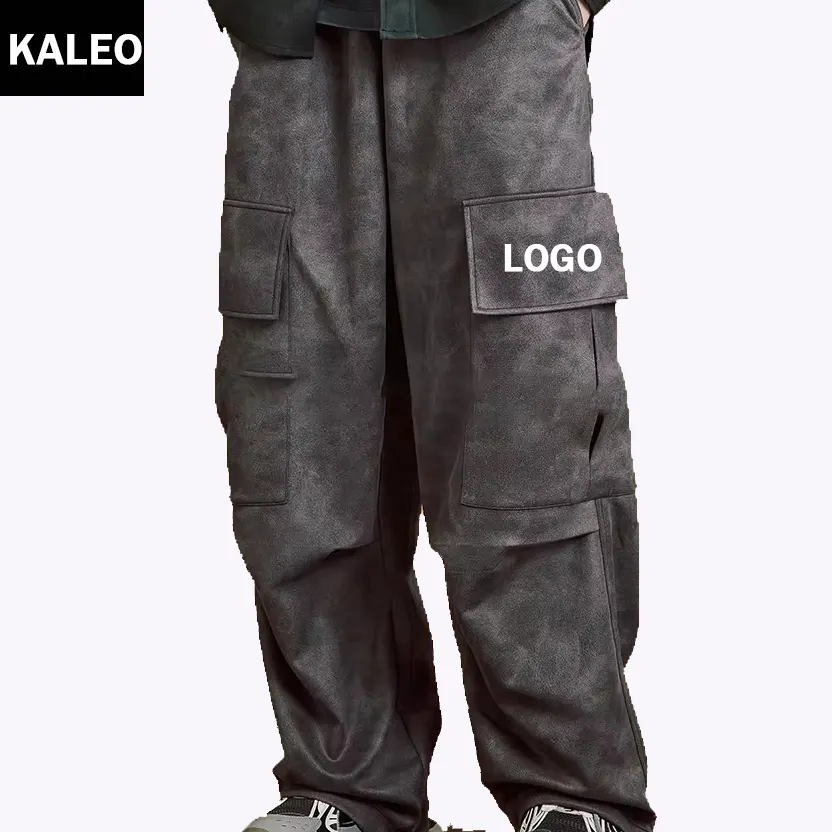 KALEO özel logo yüksek kalite Casual erkekler Hip Hop Baggy büyük cepler kargo yığılmış pantolon baskılı Sweatpants erkekler